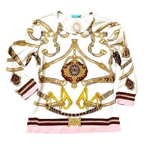 J. MCLAUGHLIN GOLD PINK EQUESTRIAN TOP STRETCH PULLOVER SIZE SMALL WHITE